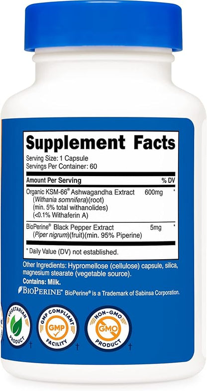 Nutricost KSM-66 Ashwagandha Root Extract 600mg, 60 Veggie Caps (3 Bottles) - 5% Withanolides - with BioPerine
