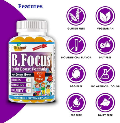 Therefore Kids Brain Booster Supplement Omega 3 for Kids & Teens, Focus Gummies Support Mental Clarity, Attention Concentration, Brain Supplements for Memory and Focus, Fruity Flavor 60 Gummy