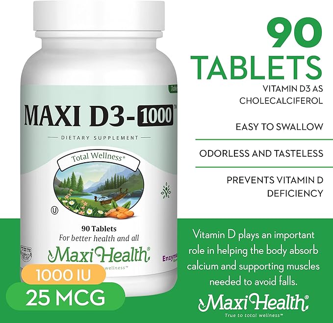 Maxi Health Vitamin D3 1000 IU Dietary Supplement - Easy to Swallow - Odorless & Tasteless - Supports Calcium Absorption, Immune Health and Bone Health in Adult Women & Men - 90 Tablets