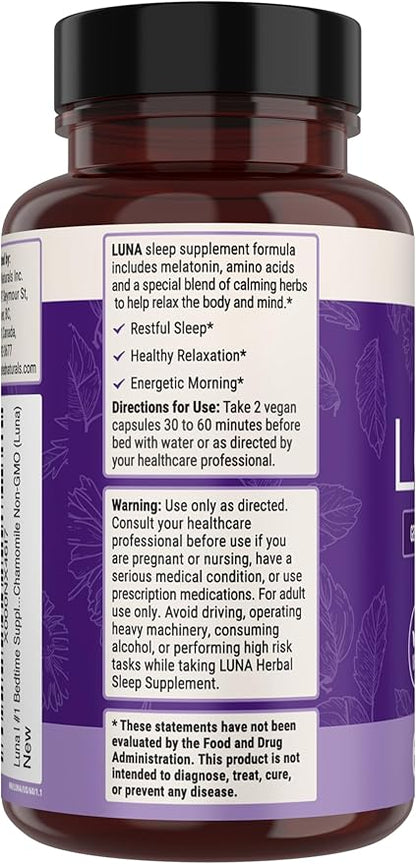 Luna Sleep Aid - Non-Habit Forming Natural Sleeping Pills for Adults with Naturally Sourced Ingredients - Valerian Root, Melatonin, Chamomile, Lemon Balm, and More - 60 Vegan Capsules