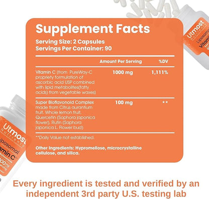 Liposomal Vitamin C - 1000MG VIT C & 100MG Super Bioflavonoid Complex for Enhanced Wellness | Antioxidant Supplement with Natural Raw Ingredients for Adults | Advanced Support | Non-GMO (180 capsules)