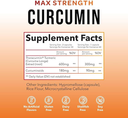 Theracurmin Turmeric Curcumin Supplement, 60 Count, High Absorption Turmeric & Curcumin -Joint Support Supplement - 42.6X More Bioavailablity