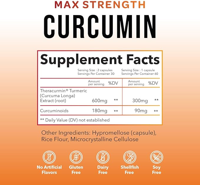 Theracurmin Turmeric Curcumin Supplement, 60 Count, High Absorption Turmeric & Curcumin -Joint Support Supplement - 42.6X More Bioavailablity
