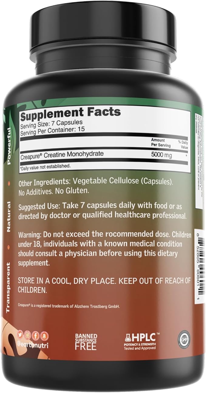 Creatine Monohydrate Supplement - Micronized for Maximum Absorption – Supports Muscle Growth, Strength & Recovery – Unflavored - Easy to Swallow 105 Capsules (5000mg Per Serving - 7 Caps)