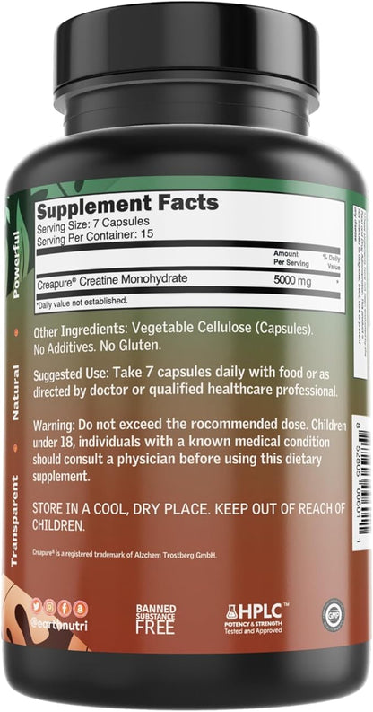 Creatine Monohydrate Supplement - Micronized for Maximum Absorption – Supports Muscle Growth, Strength & Recovery – Unflavored - Easy to Swallow 105 Capsules (5000mg Per Serving - 7 Caps)