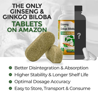 Ginko Biloba & Panax Ginseng Supplement - Red Ginseng Brain Supplement for Memory and Focus - Ginkgo Biloba Supplements for Good Vision, Immune System and Improved Blood Flow - 12 Bottles