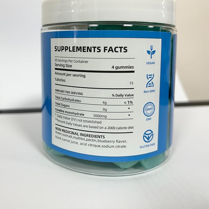 Creatine Monohydrate Gummies 5000mg for Men & Women, Gomitas de Creatina 5g Creatine Monohydrate, 0g Sugar Chewables Creatine Pre-Work Out for Muscle Strength, Vegan,120 Count, Blueberry Flavor