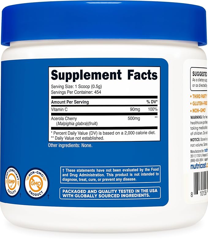 Nutricost Natural Vitamin C - Acerola Cherry Powder 0.5 LB - Gluten Free & Non-GMO