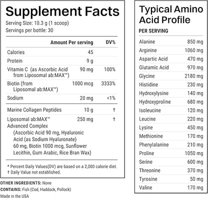 Advanced Marine Collagen Powder Plus Liposomal Vitamin C, Hyaluronic Acid & Biotin, Sugar-Free Type I Collagen Supplement for Skin, Hair, Nails, Joint & Gut Health - 30 Servings, Unflavored