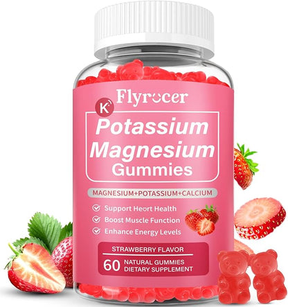 Potassium Magnesium Gummies for Men & Women, Potassium Magnesium Supplement for Leg Cramps, Muscle Health, & Electrolyte Balance, Strawberry Flavor, 60 Gummies