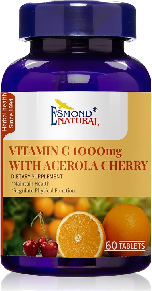 (3 Pack) Esmond Natural: Vitamin C 1000mg with Acerola Cherry (Supports Immune System, Energy Levels, Skin Vitality), GMP, Natural Product Assn Certified, Made in USA - 1000mg, 180 Tablets