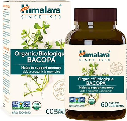 Himalaya Organic Bacopa Monnieri Nootropic Herbal Supplement, Supports Calm, Memory, Cognition, USDA Certified Organic, Non-GMO, 750 mg, 60 Plant-Based Caplets, 60 Day Supply
