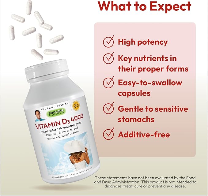 ANDREW LESSMAN Vitamin D3 4000 IU 360 Capsules - High Potency, Essential for Calcium Absorption, Supports Bone Health, Healthy Muscle Function, Immune System, More. Small Easy to Swallow Capsules