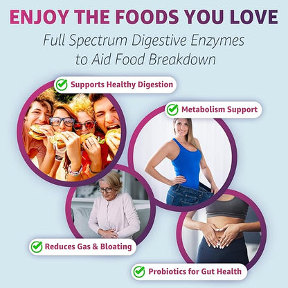 Digestive Enzymes for Women & Men Gummies w/ Probiotics, Papaya, Bromelain, Ginger - Bloating Relief & Gut Health Chewable Supplement Digest Proteins Dairy Carbs Veggies Fats, Sugar Free Vegan, 120Cts