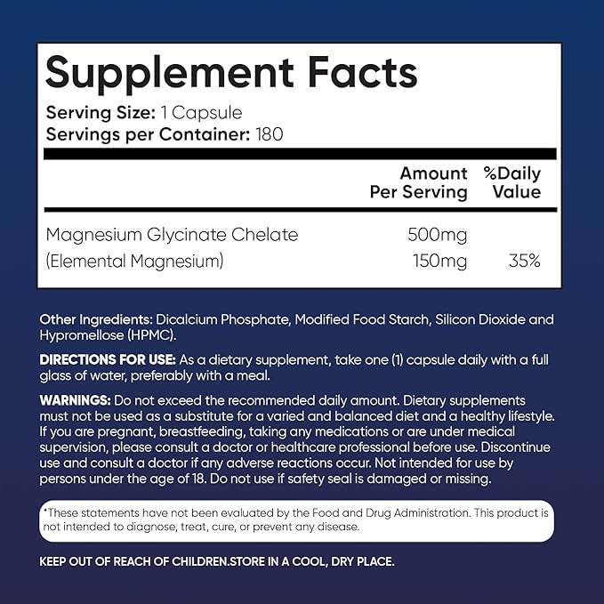 WeightWorld Chelated Magnesium Glycinate Capsules 500mg - 180 Capsules (6 Months Supply) - Magnesium Supplement High Absorption - Vegan & Gluten-Free Magnesium Pills
