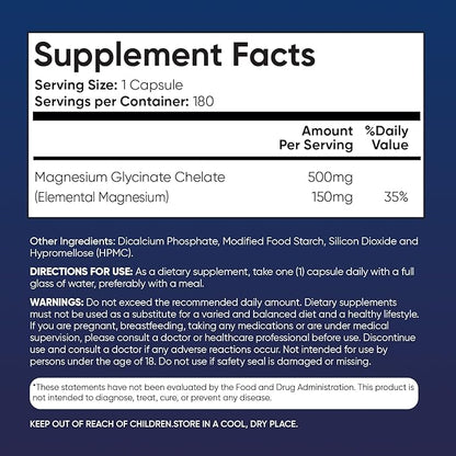 WeightWorld Chelated Magnesium Glycinate Capsules 500mg - 180 Capsules (6 Months Supply) - Magnesium Supplement High Absorption - Vegan & Gluten-Free Magnesium Pills