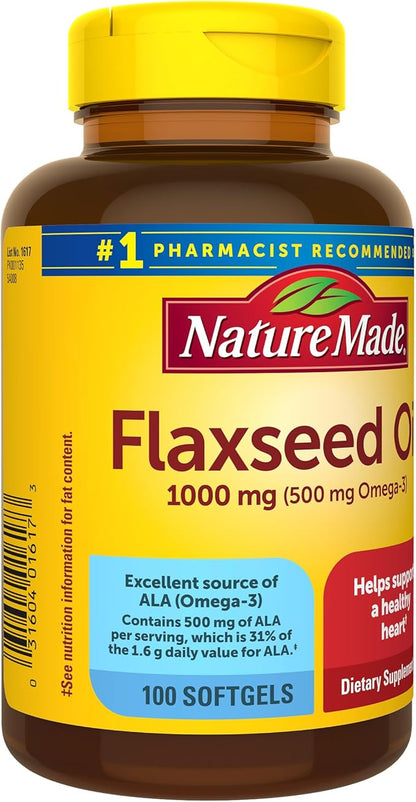 Nature Made Flaxseed Oil 1000 mg, Fish Free Omega 3 Supplement, Dietary Supplement for Heart Health Support, 100 Softgels, 100 Day Supply