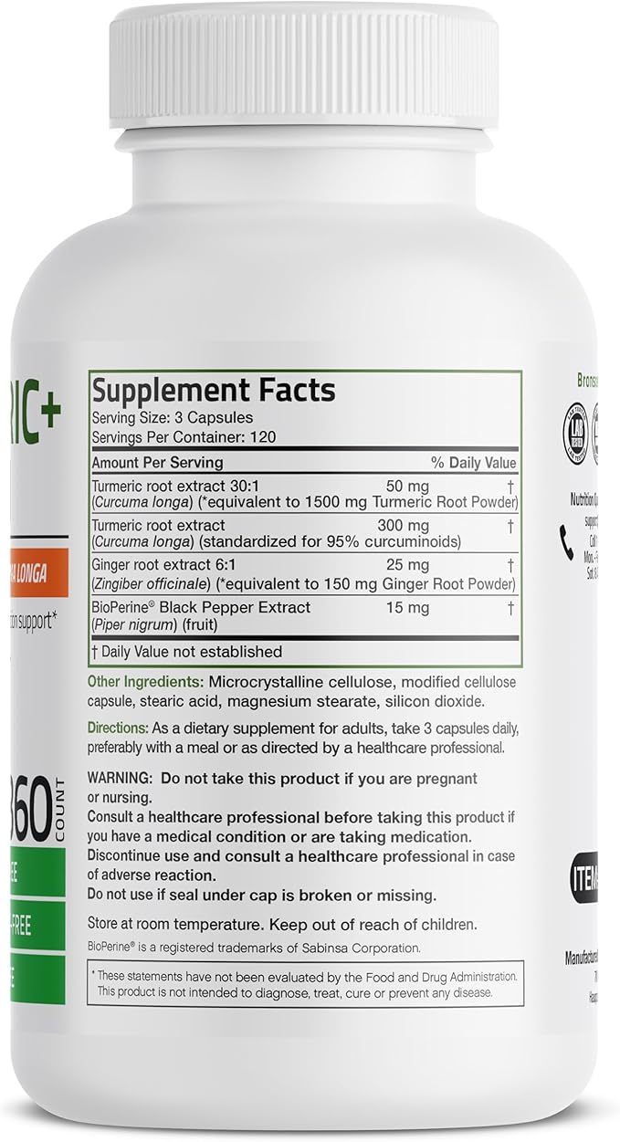 Bronson Turmeric + Ginger Extra Strength Joint Health & Digestion Support with BioPerine, Non-GMO, 360 Vegetarian Capsules