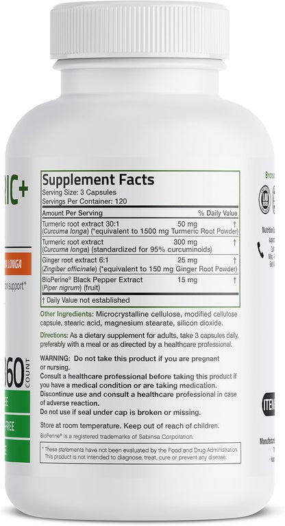 Bronson Turmeric + Ginger Extra Strength Joint Health & Digestion Support with BioPerine, Non-GMO, 360 Vegetarian Capsules