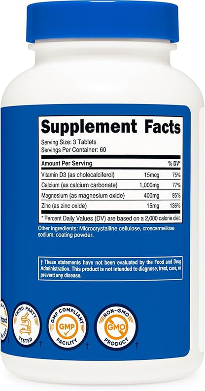 Nutricost Calcium, Magnesium & Zinc Tablets 1,415 mg, 180 Tablets - Vitamin / Mineral Blend Supplement, 60 Servings - Gluten Free, Non-GMO