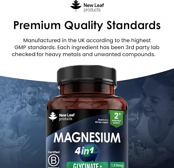 Magnesium Glycinate 4-in-1 Complex 2000mg - 449mg Elemental Magnesium High Strength Magnesium Supplements - Magnesium Bisglycinate,Citrate, Malate, Oxide - 120 Capsules - Vegan UK Made by New Leaf