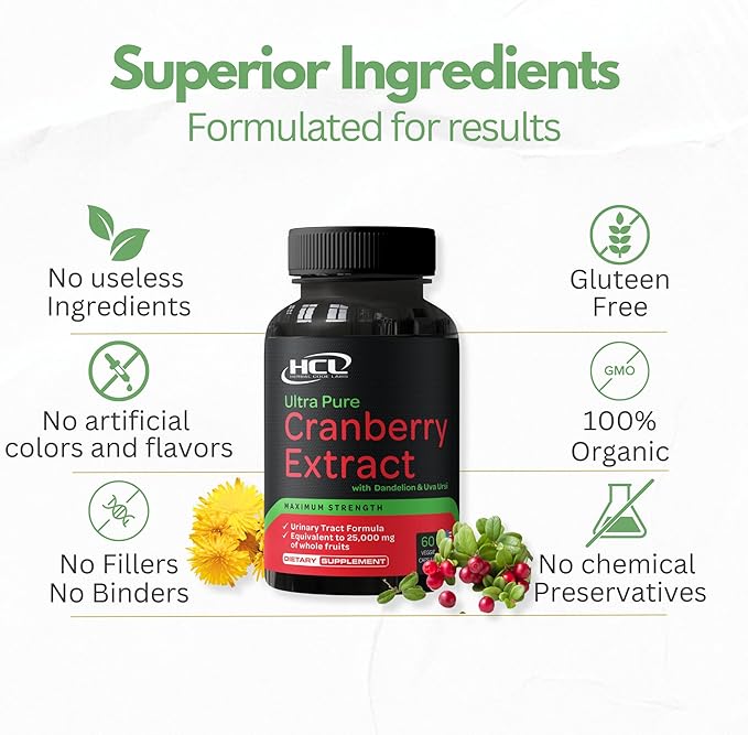 Cranberry Extract Pills - Super Strength 50:1 Whole Fruit Concentrate Equals to 25,000mg of Fresh Cranberries Plus Dandelion & Uva Ursi - Natural UTI Support - Kidney Cleanse & Urinary Tract Health
