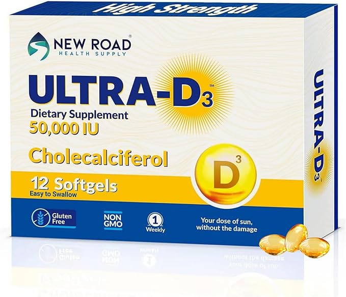 New Road Health Supply - Vitamin D 50000 IU, Once Weekly Dose, Easy to Swallow Vitamin D Softgel for Bones, Teeth, and Immune Support, Gluten Free,12 Count