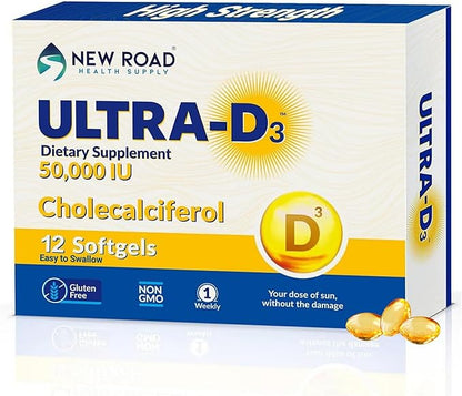 New Road Health Supply - Vitamin D 50000 IU, Once Weekly Dose, Easy to Swallow Vitamin D Softgel for Bones, Teeth, and Immune Support, Gluten Free,12 Count