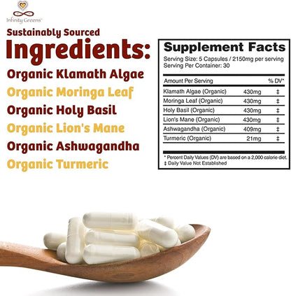Infinity Memory and Focus Supplement, Superfood Brain Fuel with Organic Lions Mane Mushroom, Ashwagandha, Holy Basil, & Turmeric, Supplements for Women and Men (150 Capsules)