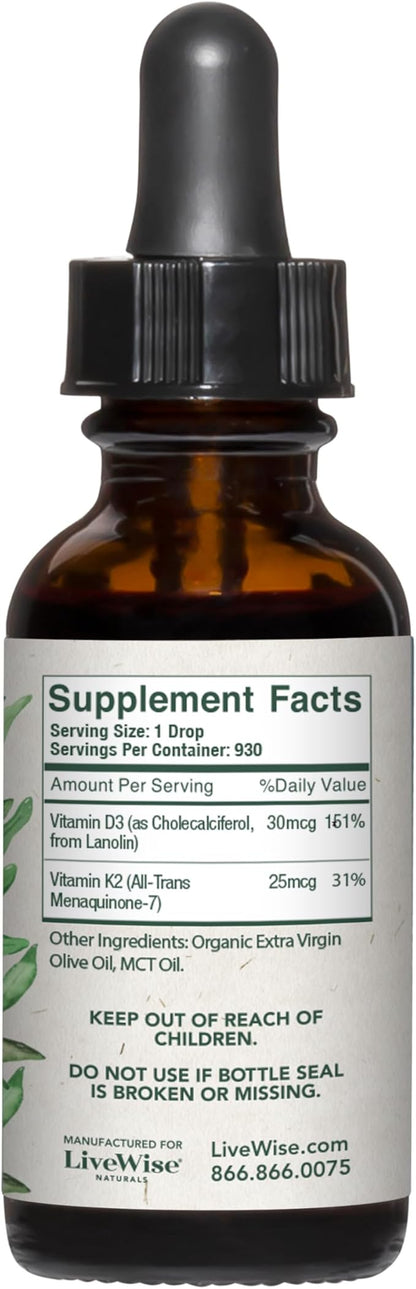 Vitamin D3 with K2 Liquid Drops, All Natural, Non-GMO, 1208iu D3 and 25mcg K2 (mk7) per Serving, Support Your Bones, Immune System and Energy Levels, with or Without Peppermint Oil