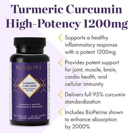 NAOMI Turmeric Curcumin High-Potency 1,200 mg, 95% Curcuminoids & BioPerine Black Pepper Extract to Boost Absorption up to 2000%, Extra-Strength Joint, Muscle, Brain Support, 60 Caps, 30-Day Supply