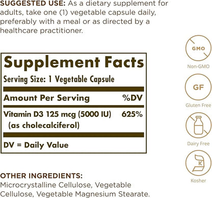 SOLGAR Vitamin D3 (Cholecalciferol) 125 mcg (5000 IU) - 240 Vegetable Capsules, Pack of 2 - Non-GMO, Gluten Free, Dairy Free, Kosher - 480 Total Servings