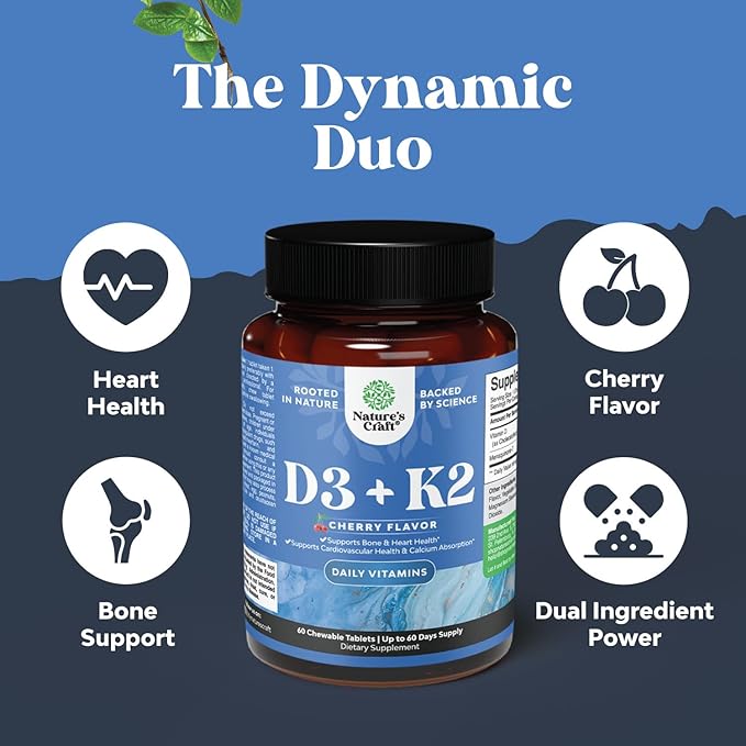 Natures Craft Vitamin D3 with K2 MK7 Supplement - Vitamin D3 2000 IU Tablets and K2 for Immune Support Bone Health Heart Health Joint Support Bone Strength and Mood Boost - VIT Immune System