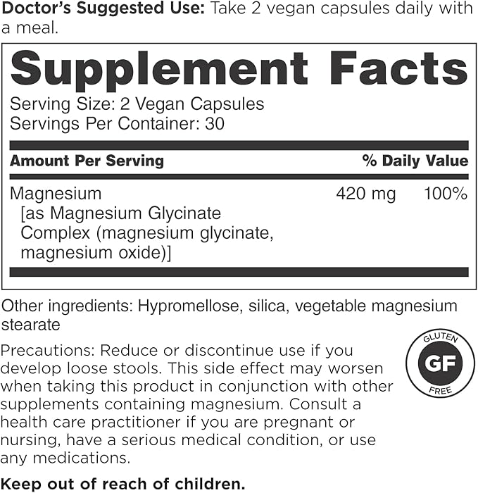 DOCTORS' PREFERRED High Potency Magnesium Glycinate Complex- Doctor-Developed Formula for Heart Health, Mood Support and More | 420 mg per Serving | 30-Day Supply