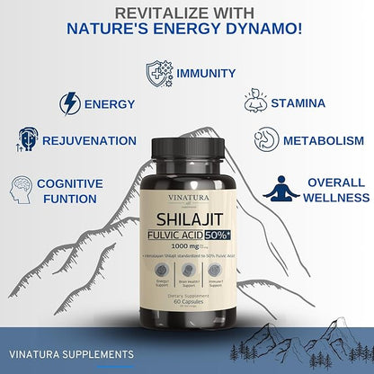 Shilajit for Men and Women - 1000mg Pure Himalayan Shilajit Capsules, standardized to 50% Fulvic Acid - 60 Capsules