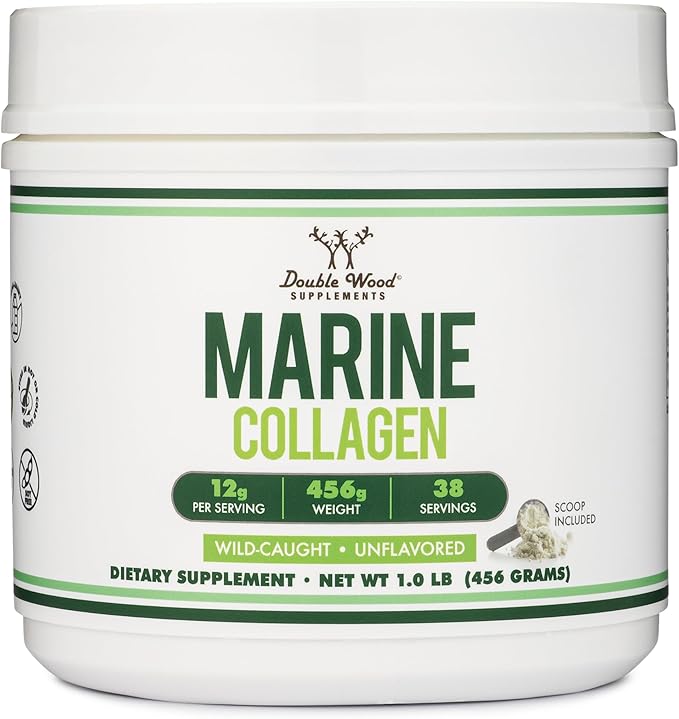 Double Wood Supplements Marine Collagen Powder (1 LB / 16 OZ of Quick Dissolve Marine Collagen Peptides) Wildcaught, Unflavored, Micronized - Scoop Included, No Fillers (38 Servings of 12 Grams Each)