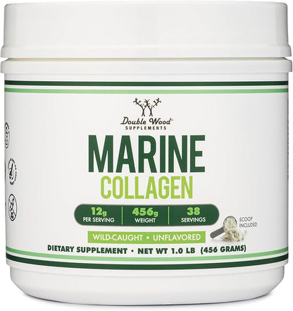 Double Wood Supplements Marine Collagen Powder (1 LB / 16 OZ of Quick Dissolve Marine Collagen Peptides) Wildcaught, Unflavored, Micronized - Scoop Included, No Fillers (38 Servings of 12 Grams Each)