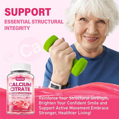 Calcium Citrate Gummies 1200 mg for Adults: Ultimate Absorption Calcium Supplement for Women & Men - Easy to Digest, Vegan, Non-GMO, Gluten Free - Natural Strawberry Flavor