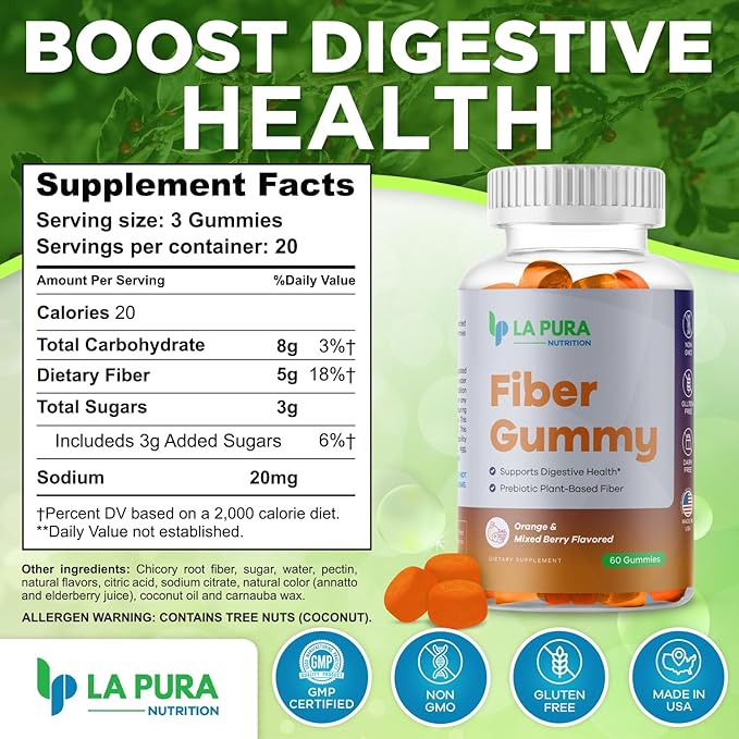 LaPura Prebiotic Chicory Root Fiber Gummy 5g, 60 Gummies - Supports Digestive Health, Prebiotic Plant-Based Fiber Blend - Orange & Mixed Berry Flavor - Non-GMO, Gluten-Free, Made in USA