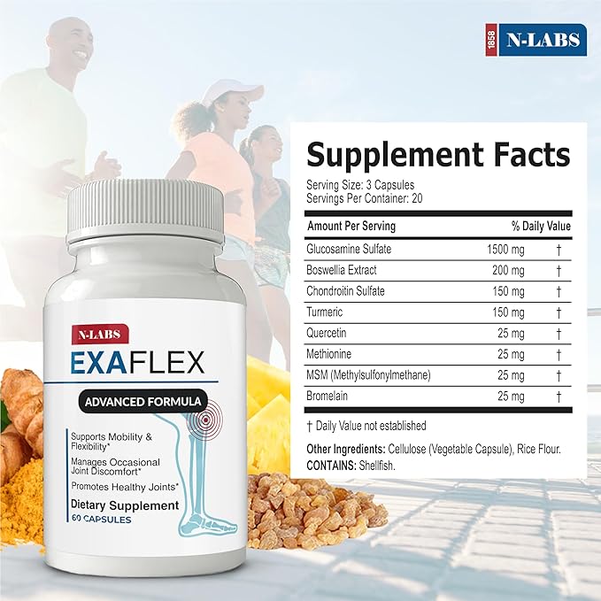 N-Labs ExaFlex Glucosamine Chondroitin MSM, Bromelain Capsules - Joint Supplements for Men and Women with Boswellia Extract, Turmeric and Quercetin - Supports Joint Health - Made in USA - 60 Capsules
