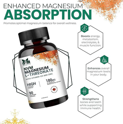 Magnesium l-threonate with Vitamin D3 and Zinc for Sleep Support, Muscle Functions, Electrolyte Balance and Immune Support I Gluten Free, Non- GMO, 90 Vegetarian Capsules