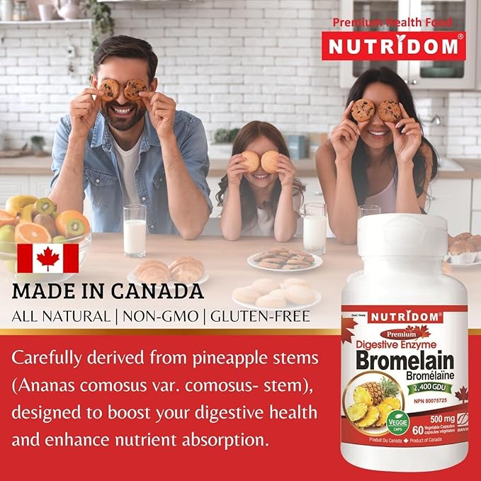 Bromelain Digestive Enzyme Pineapple Supplements, 2400 GDU, 500mg, Non-GMO, Vegan, Free of Gluten, Soy & Dairy (60 Count)