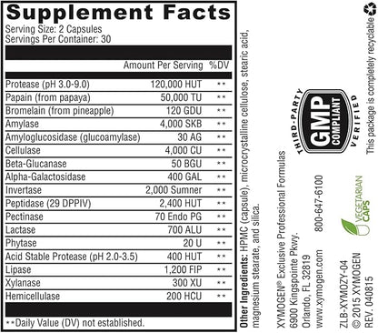XYMOGEN XymoZyme - Vegan, Multi-Enzyme Digestive Supplement - Plant-Based Digestive Enzymes for Women & Men - Support Gut Health + Nutrient Absorption - Breakdown Lactose, Beans & More (60 Capsules)