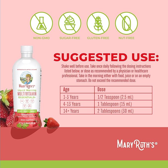 MaryRuth's Liquid Morning Multivitamin Essentials+ | Vitamin A C D E B6 B12 Biotin Zinc | Mens Womens Multivitamin | Immune Support | Beauty | Sugar Free | Vitamins for Ages 1+ | Vegan | 32 Fl Oz