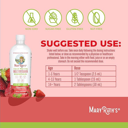 MaryRuth's Liquid Morning Multivitamin Essentials+ | Vitamin A C D E B6 B12 Biotin Zinc | Mens Womens Multivitamin | Immune Support | Beauty | Sugar Free | Vitamins for Ages 1+ | Vegan | 32 Fl Oz
