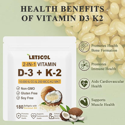 2-in-1 Vitamin D3 K2 Supplement Softgel, Vitamin D3 10000 IU and Vitamin K2 200 mcg, K2 MK7 with D3 Vitamin Supplement Support Immune, Heart, Joint, Teeth & Bone Health