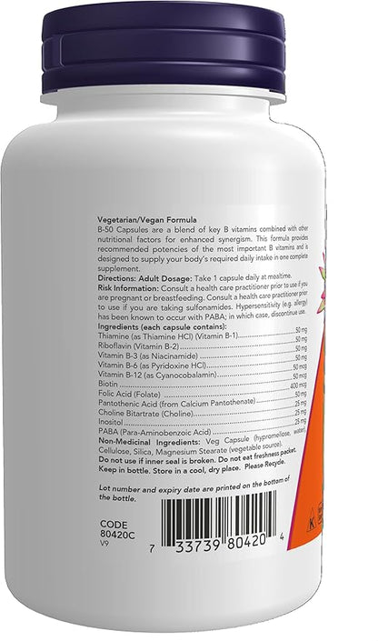 NOW Vitamin B-50 mg,100 Veg Capsules