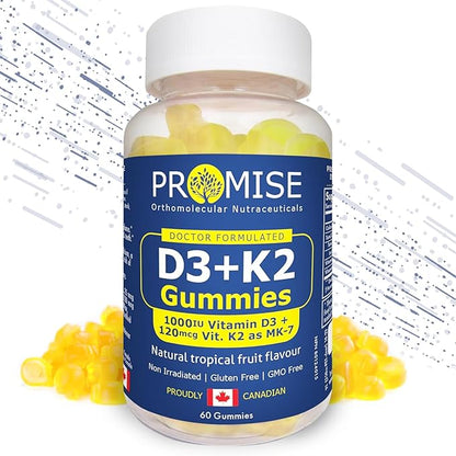 Promise D3+K2 Vitamin Gummy, 1000IU Vitamin D3 + 120mcg VIT K2 as MK-7, Natural Tropical Fruit Flavour, Made in Canada (60 Gummies)