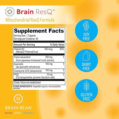 Brain ResQ Advanced Mitochondrial Formula with PQQ, CoQ10, Trans Resveratrol, MenaQ7 & Quercetin Supplement - 100mg of CoQ10 & 15mg PQQ – Supports Brain, Heart & Cellular Health – 60 Capsules
