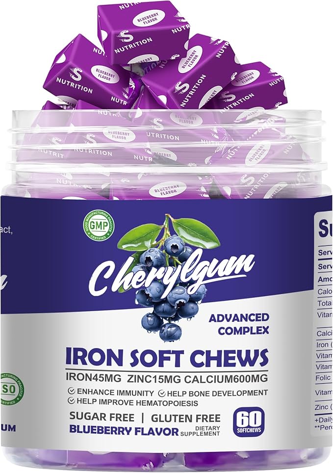 Iron Soft Chew Supplement with Vitamin C | Blueberry Flavored | Gluten Free | Iron Supplement for Women Men and Kids | 60 Count | 2 Month Supply